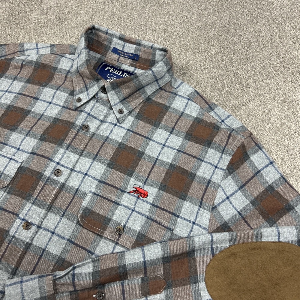Perlis Crawfish Shirt Mens Large Flannel Button Down Brown Plaid Elbow Pads